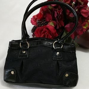 NEW Liz Claiborne Handbag Purse Black Fabric Faux Leather Trim Logo Buttons 10x6